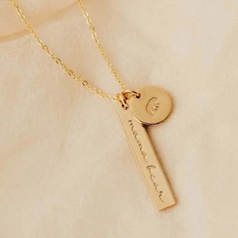 Mama Bear Gold Pendant Disk & Bar Necklace